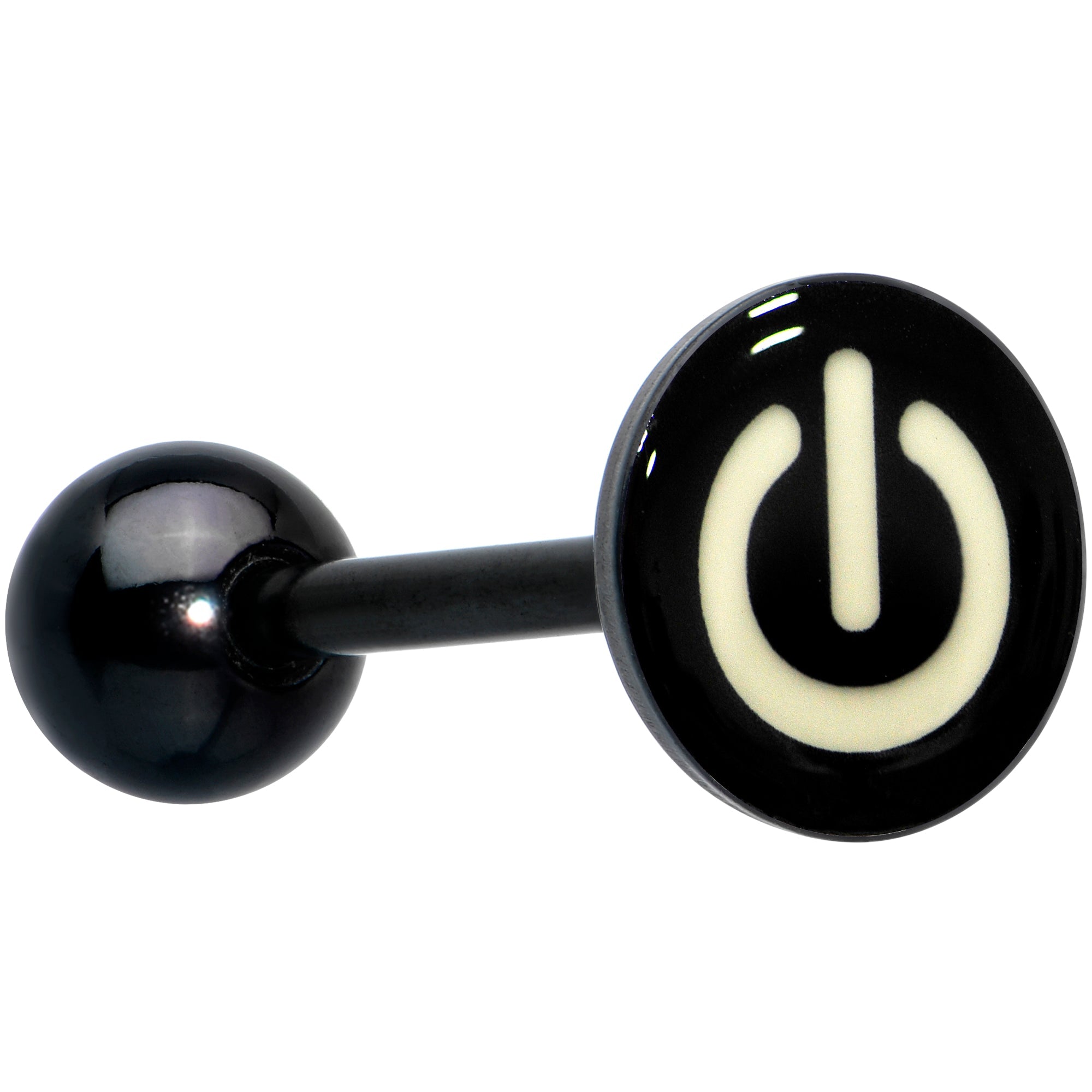 Power Button Glow in the Dark Black Anodized Barbell Tongue Ring