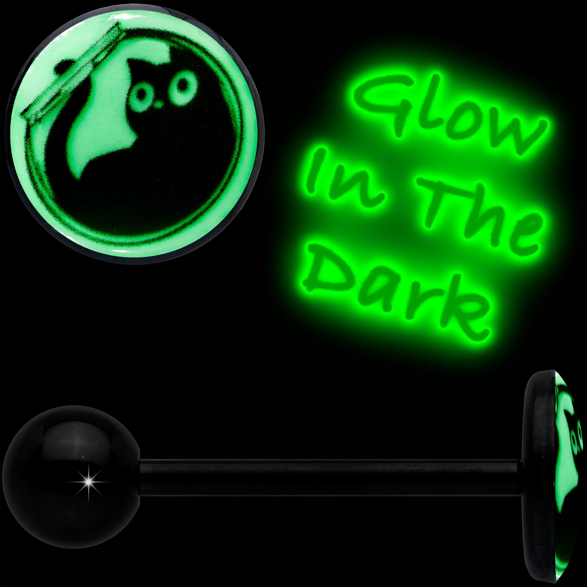 Glow in the Dark Black Anodized Fishbowl Kitty Cat Barbell Tongue Ring by Onyx O