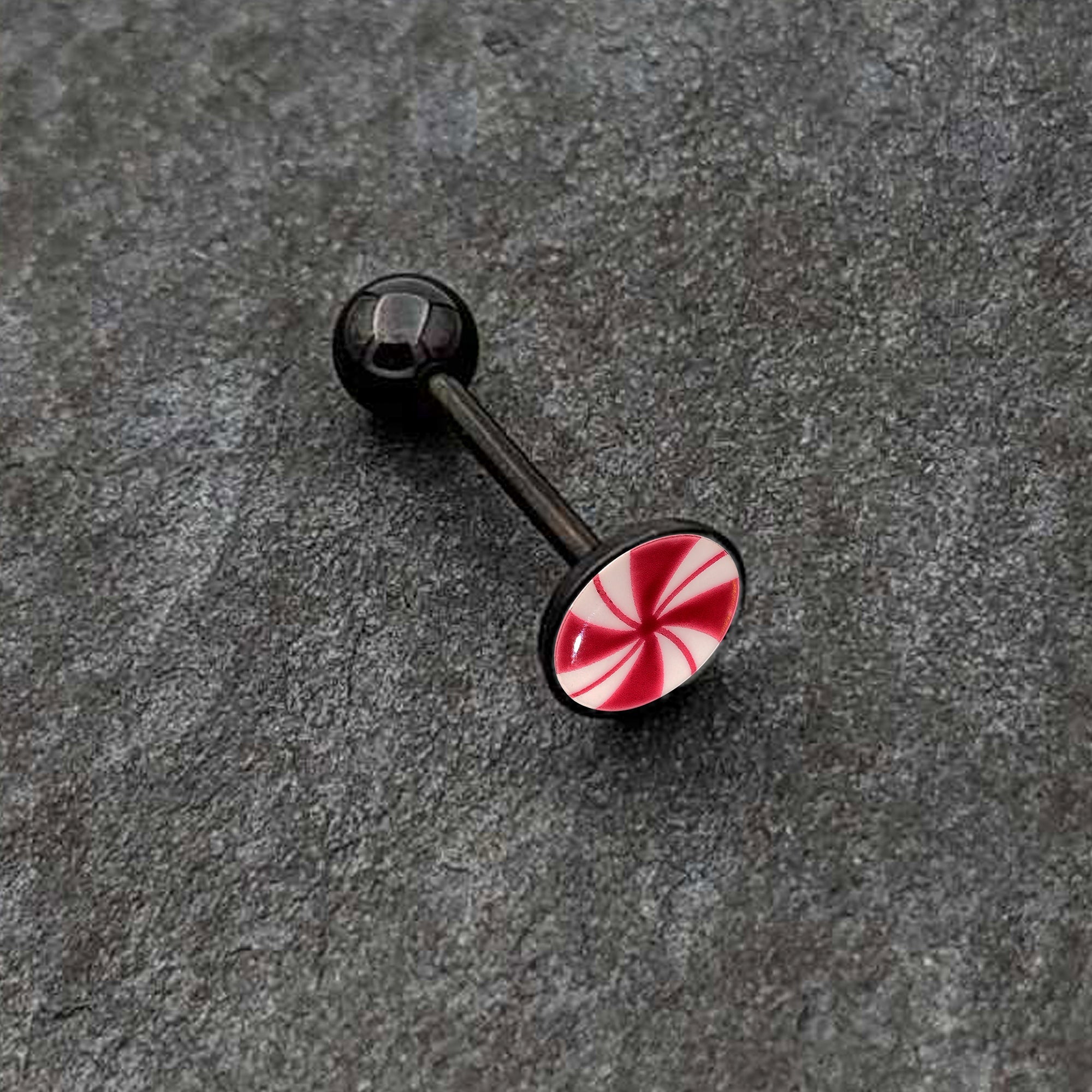 Glow in the Dark Black Anodized Holiday Peppermint Candy Barbell Tongue Ring by Onyx O