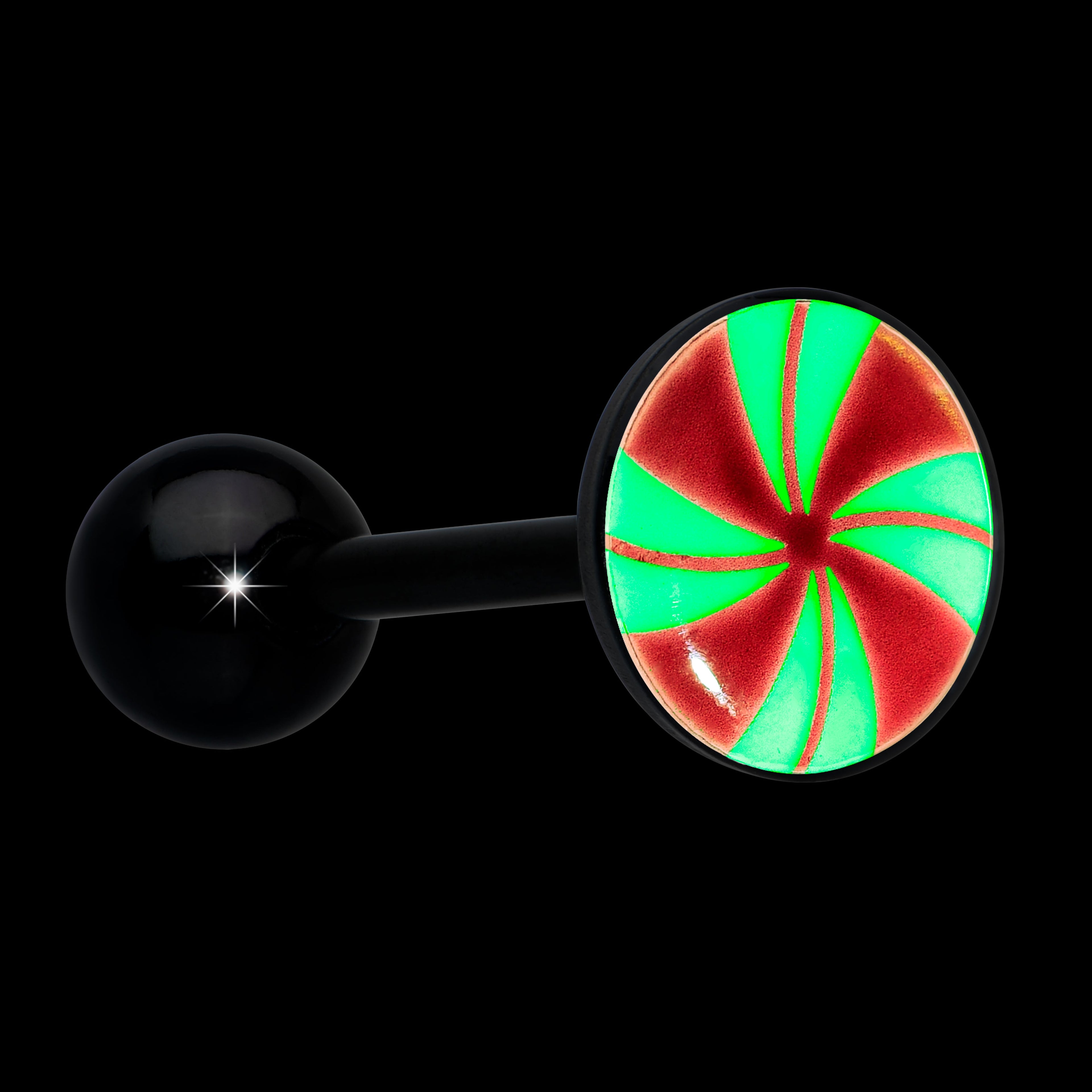 Glow in the Dark Black Anodized Holiday Peppermint Candy Barbell Tongue Ring by Onyx O