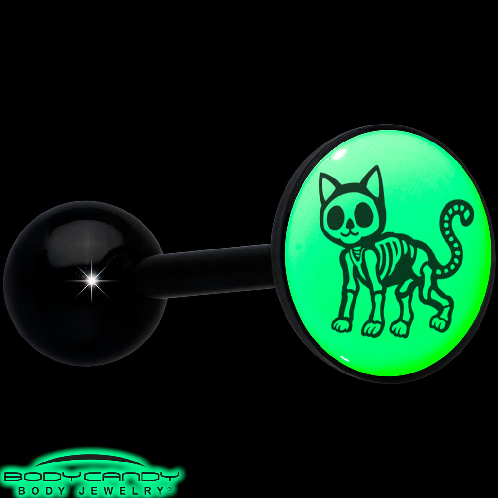 Glow in the Dark Black Anodized Skeleton Kitty Cat Barbell Tongue Ring by Onyx O
