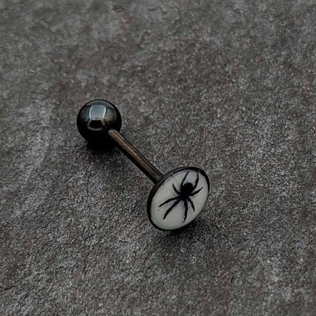 Glow in the Dark Black Anodized Black Widow Spider Barbell Tongue Ring by Onyx O