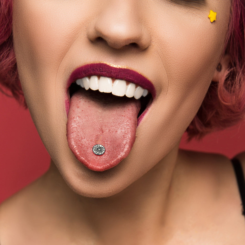 Black Glow in the Dark Heart Spider Web Barbell Tongue Ring by Onyx O