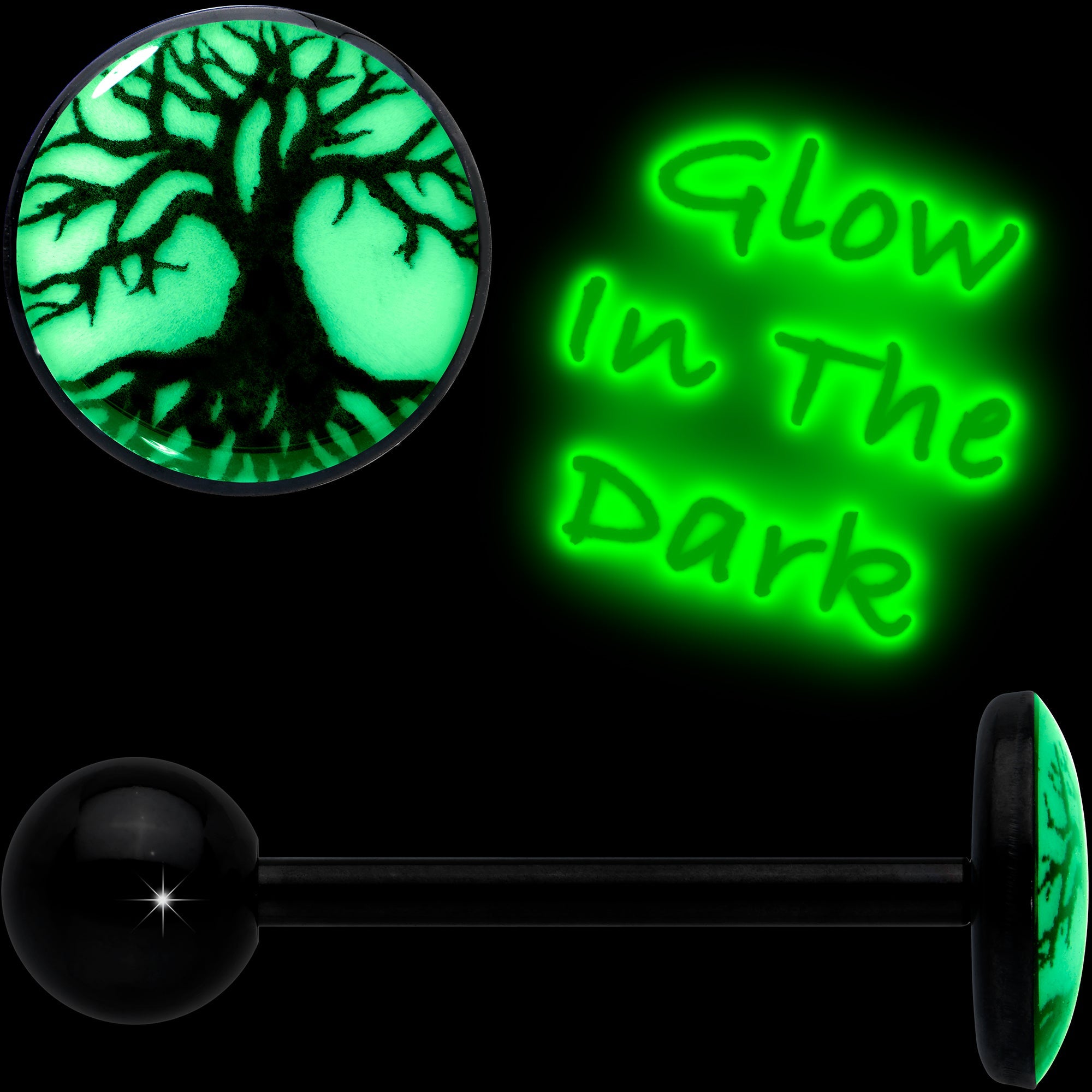 Glow in the Dark Black Anodized Tree of Life Barbell Tongue Ring by Onyx O