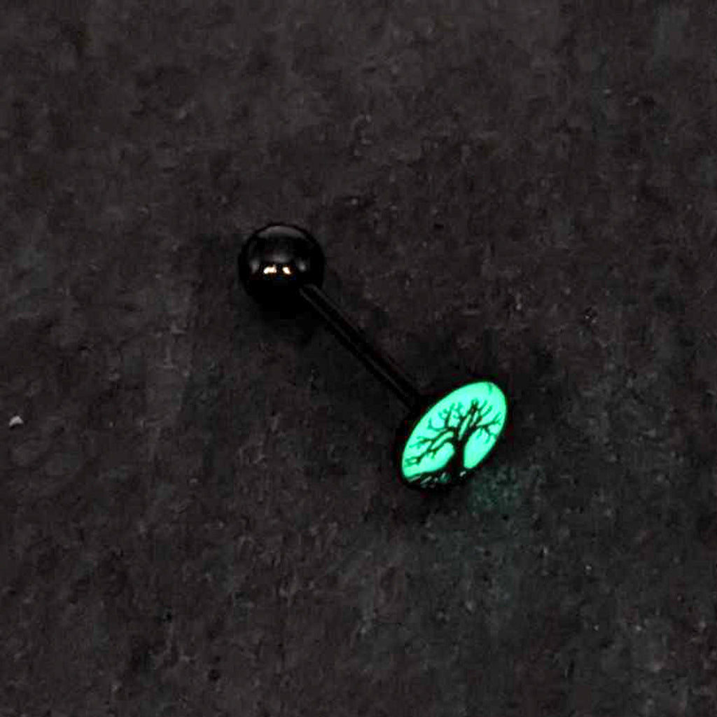 Glow in the Dark Black Anodized Tree of Life Barbell Tongue Ring by Onyx O