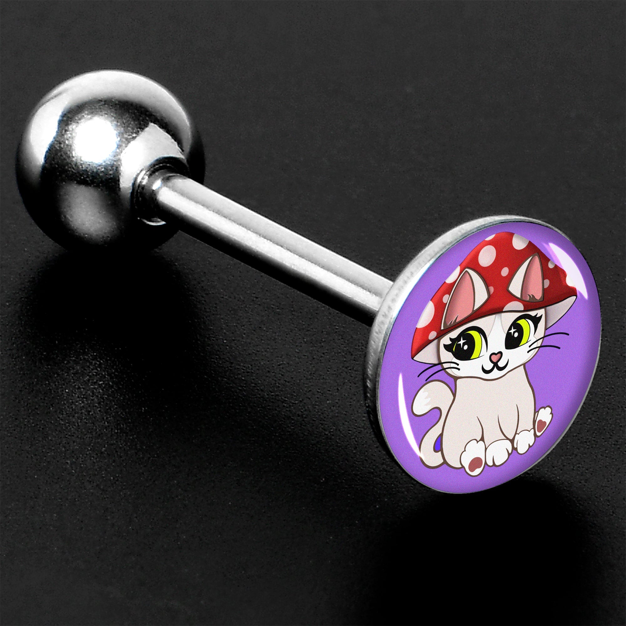 Polka Dot Mushroom Hat Cat Barbell Tongue Ring by Onyx O