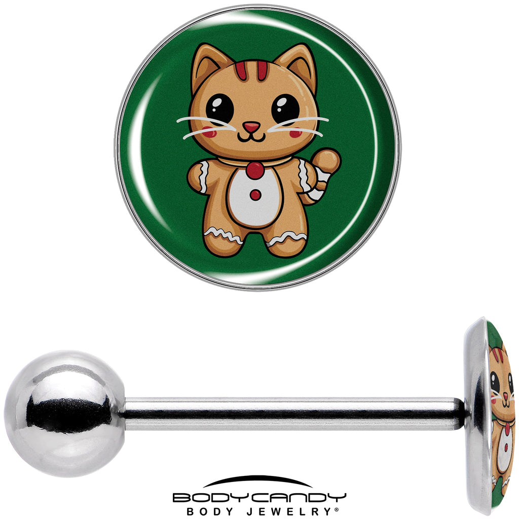Christmas Holiday Gingerbrread Kitty Cat Barbell Tongue Ring by Onyx O