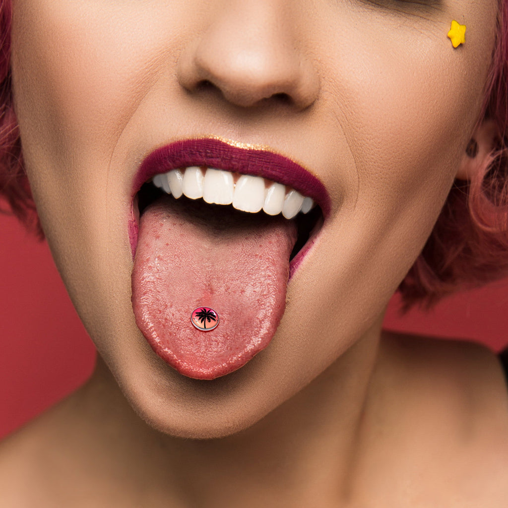 Red Sunset Palm Tree Barbell Tongue Ring by Onyx O