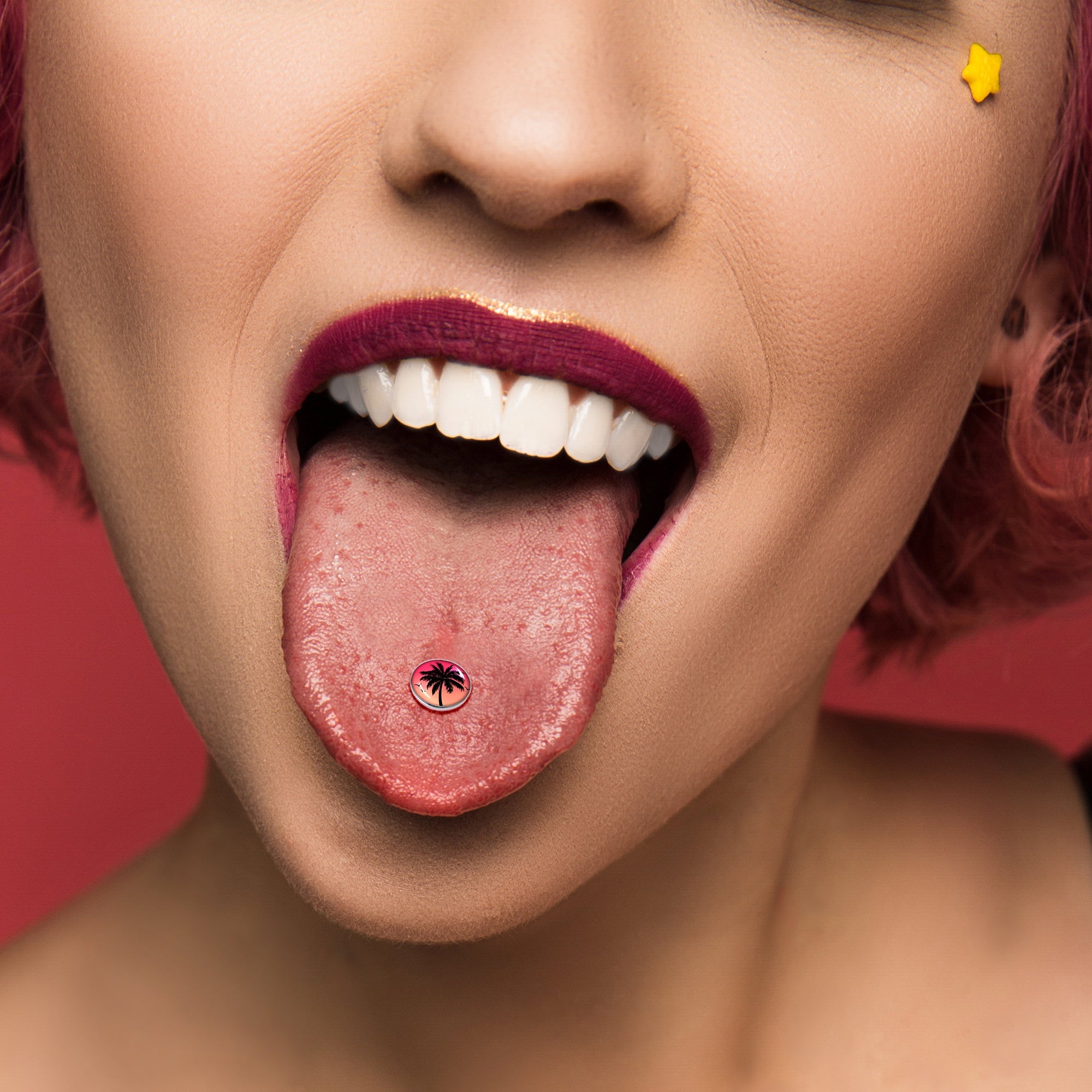 Red Sunset Palm Tree Barbell Tongue Ring by Onyx O
