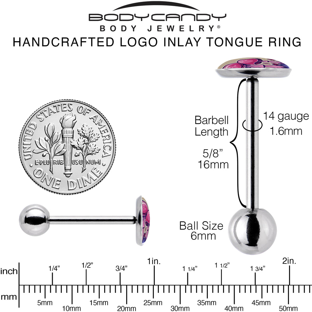 Artist Drawn Pink Mushrooms Barbell Tongue Ring by Onyx O