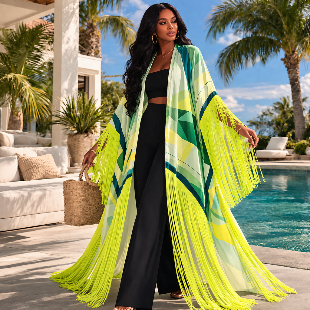 Neon Tropical Oasis Tasseled Kimono