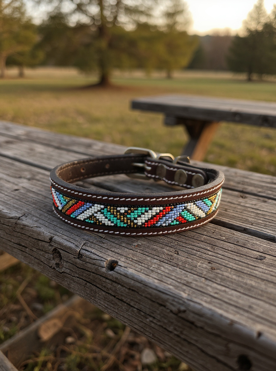 Epic Padded Leather Dog Collar with Beaded Design D