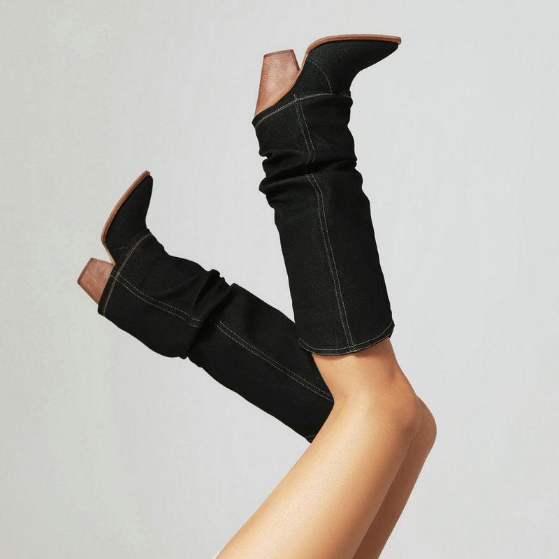 Denim Cowboy Slouch Boots | Stylish Knee-High Cowboy Boots for Cowgirls
