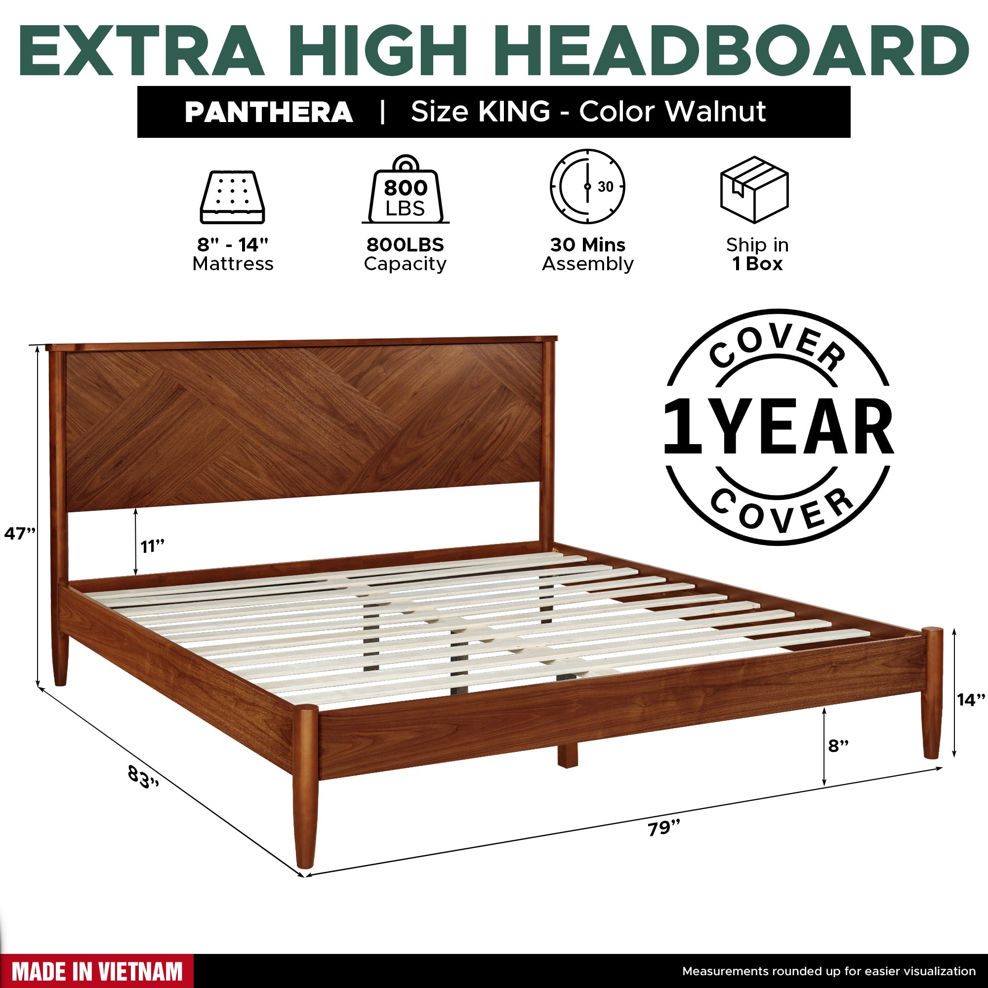 Panthera Solid Wood Bed Frame With Headboard