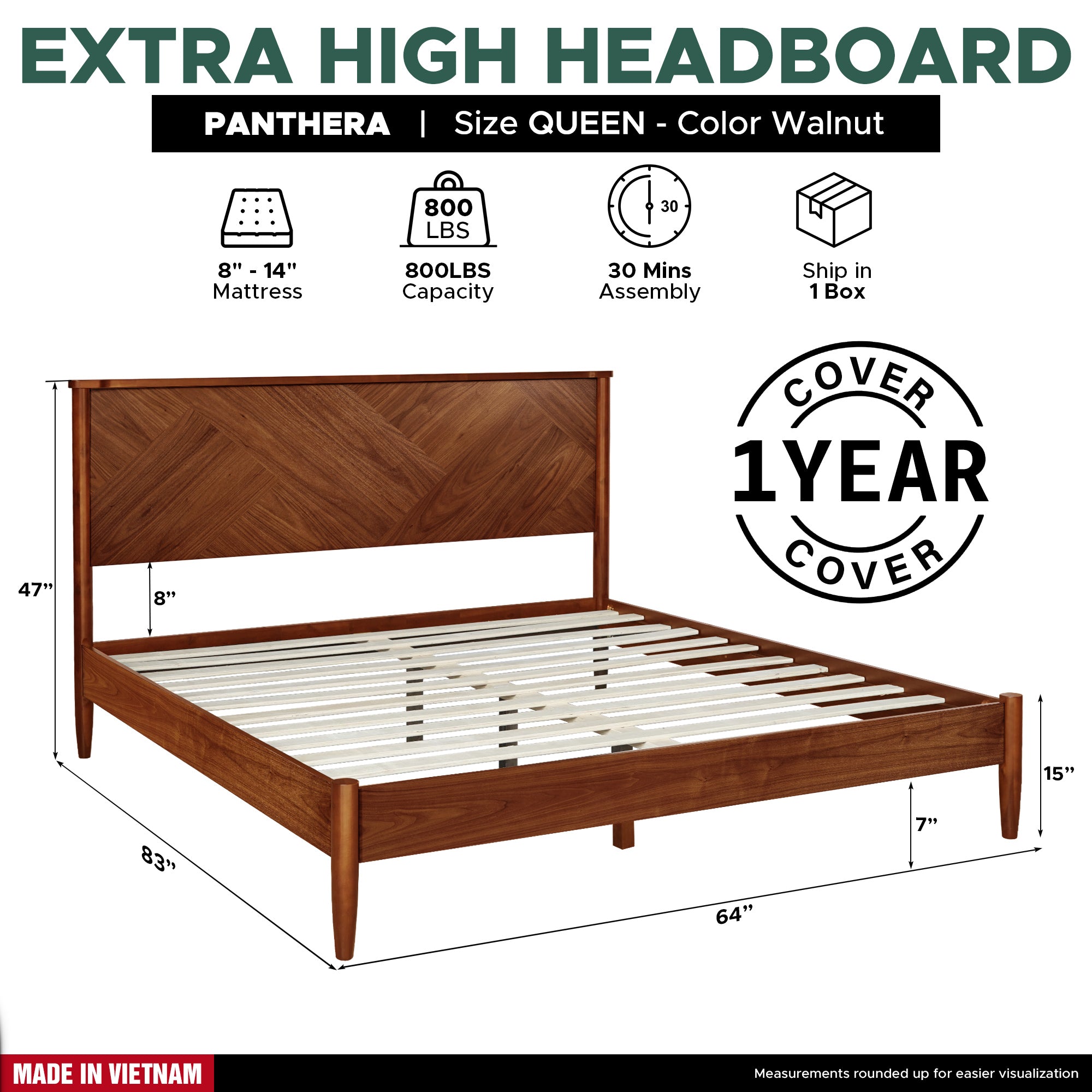 Panthera Solid Wood Bed Frame With Headboard