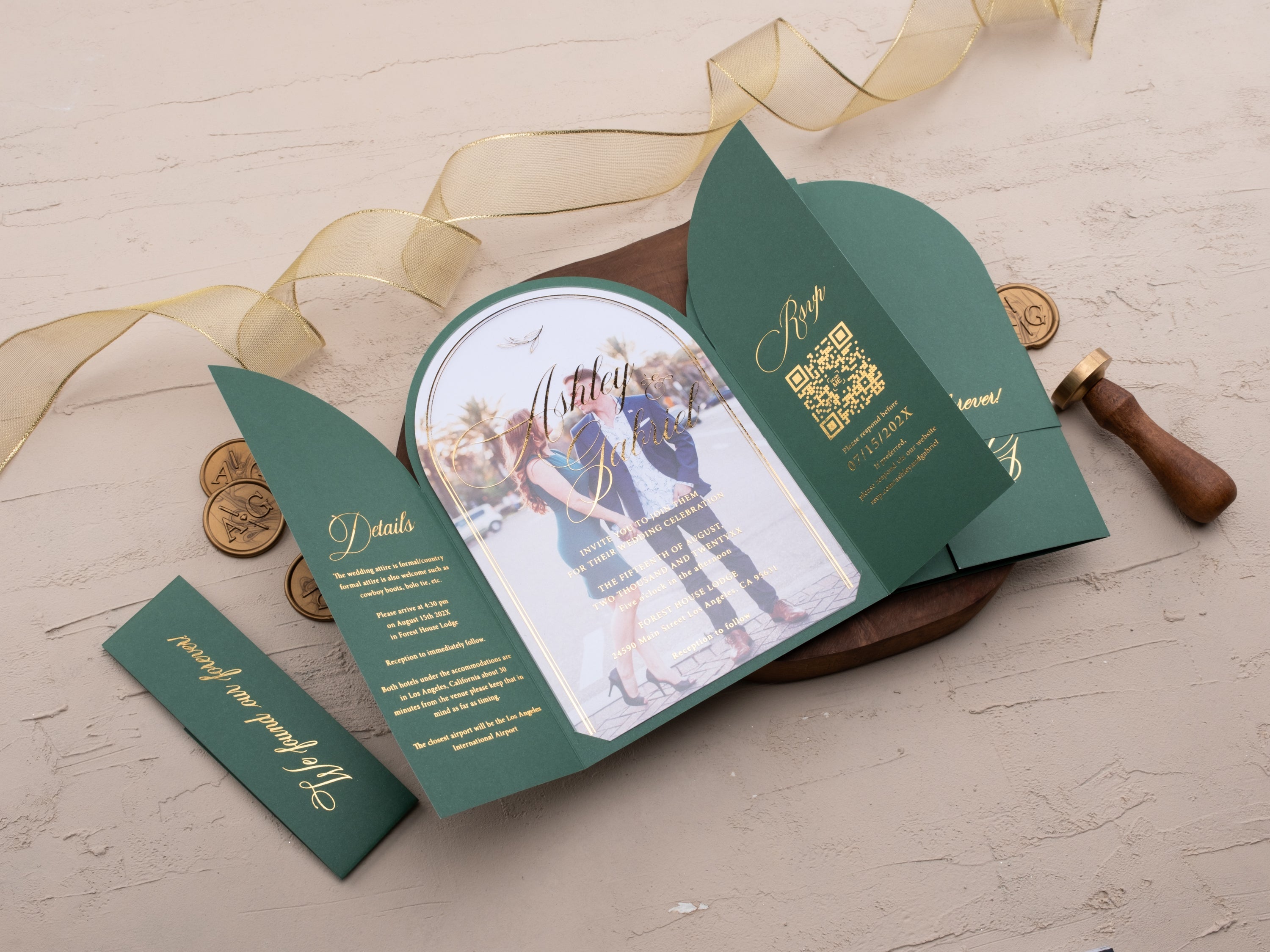Emerald Green Arch Acrylic Wedding Invitation with Gold Foil