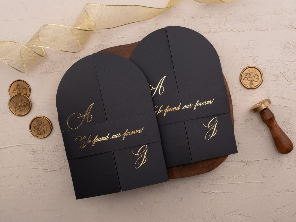 Black Gold Foil Arch Wedding Invitation Set – Formal Luxe Style