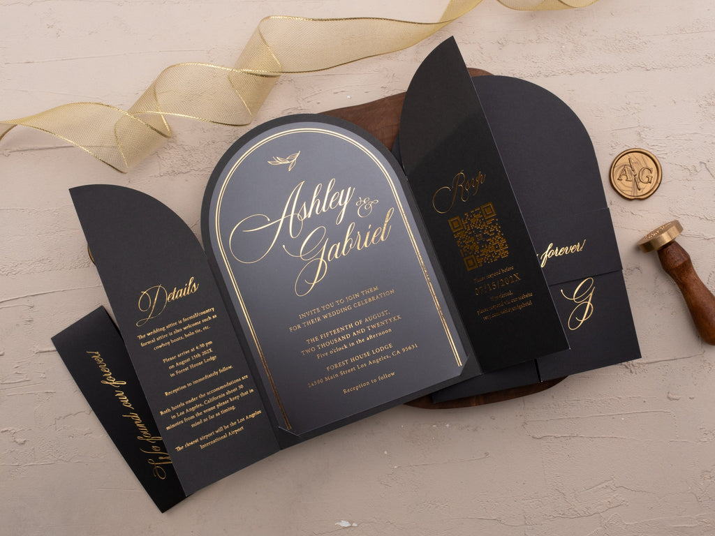 Black Gold Foil Arch Wedding Invitation Set – Formal Luxe Style