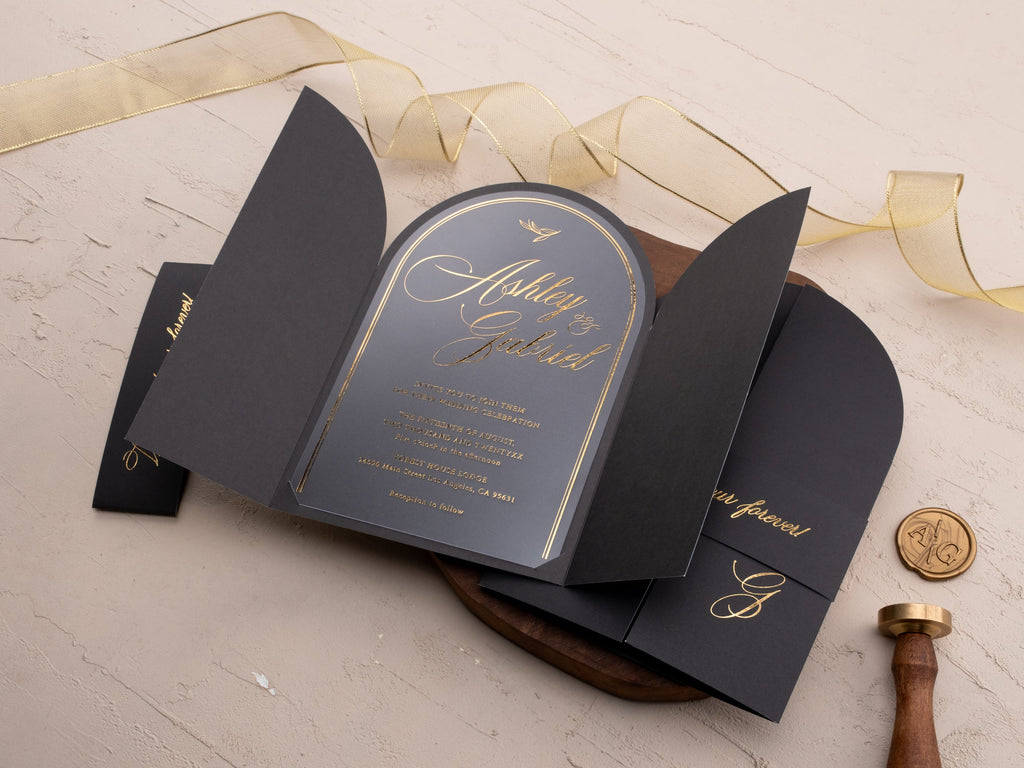 Black Gold Foil Arch Wedding Invitation Set – Formal Luxe Style
