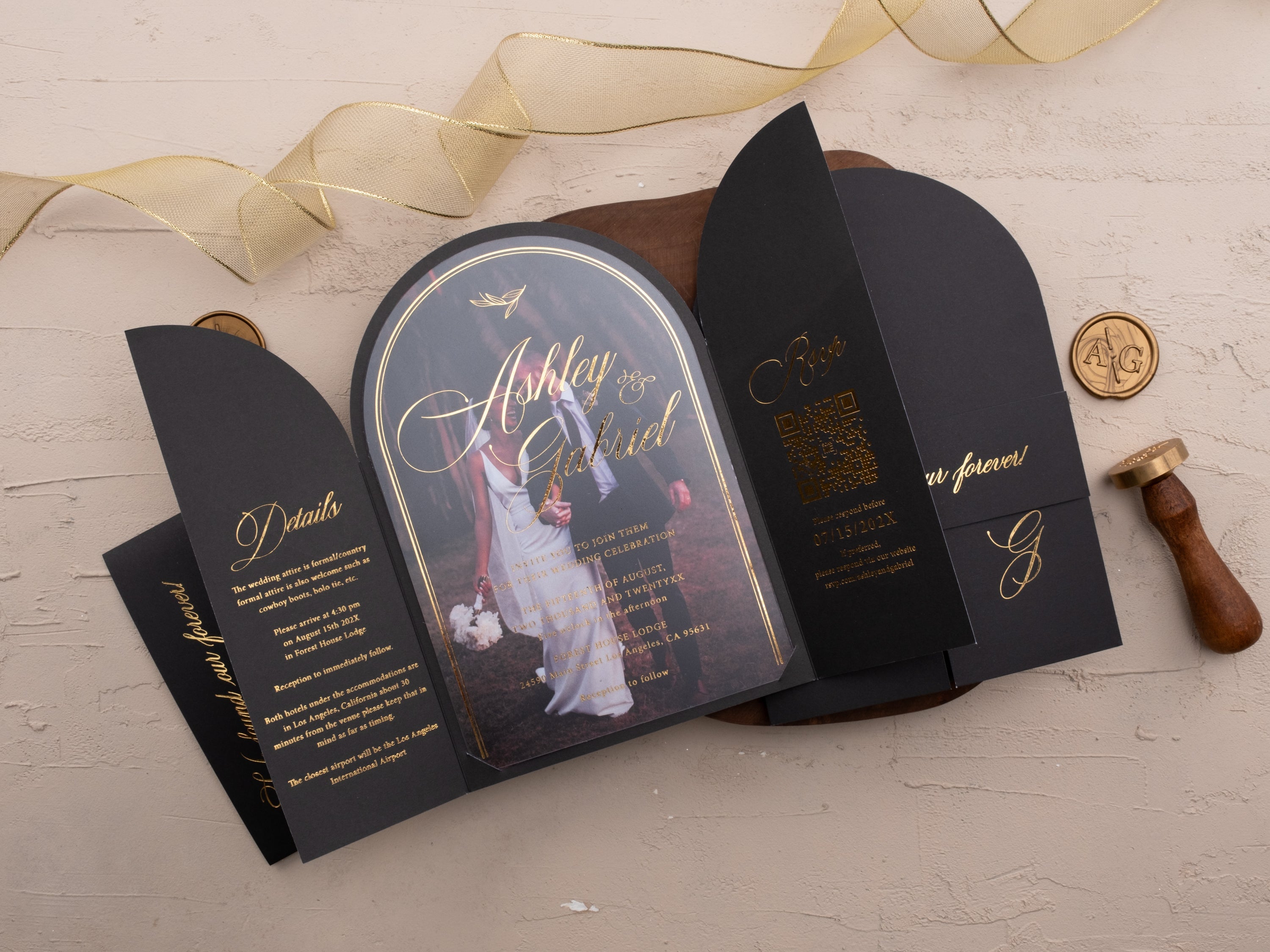 Black Gold Foil Arch Wedding Invitation Set – Formal Luxe Style