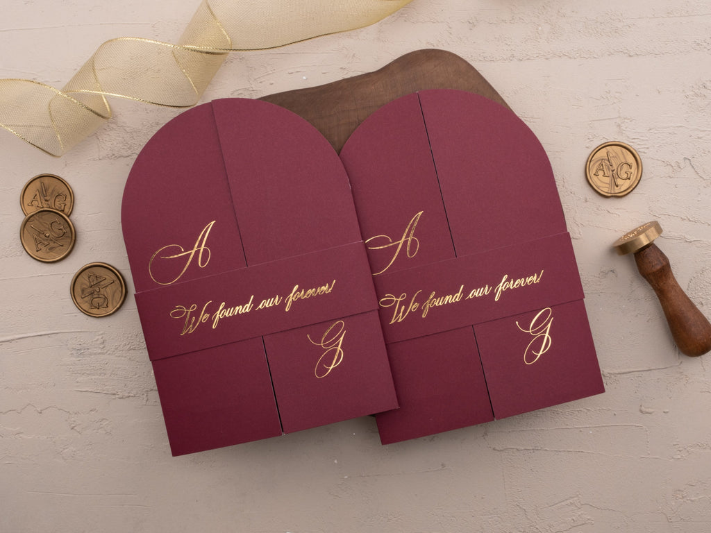 Burgundy Gold Foil Arch Wedding Invitation Set