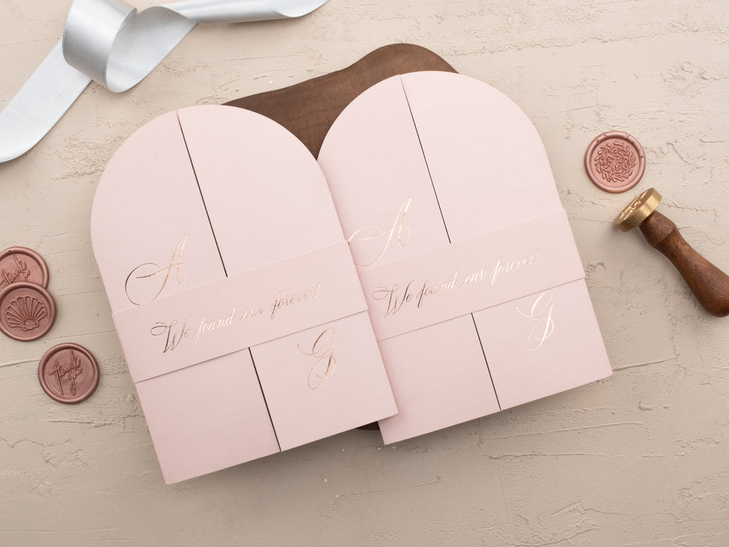 Blush Pink Arch Acrylic Wedding Invitation with Rose Gold Foil