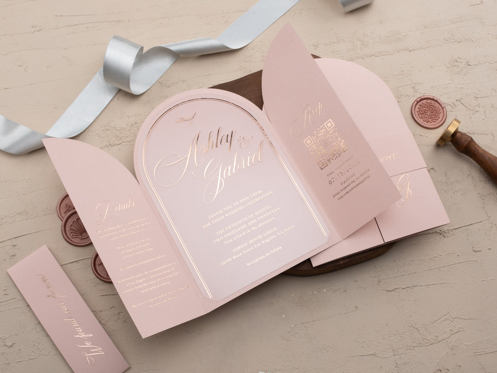 Blush Pink Arch Acrylic Wedding Invitation with Rose Gold Foil