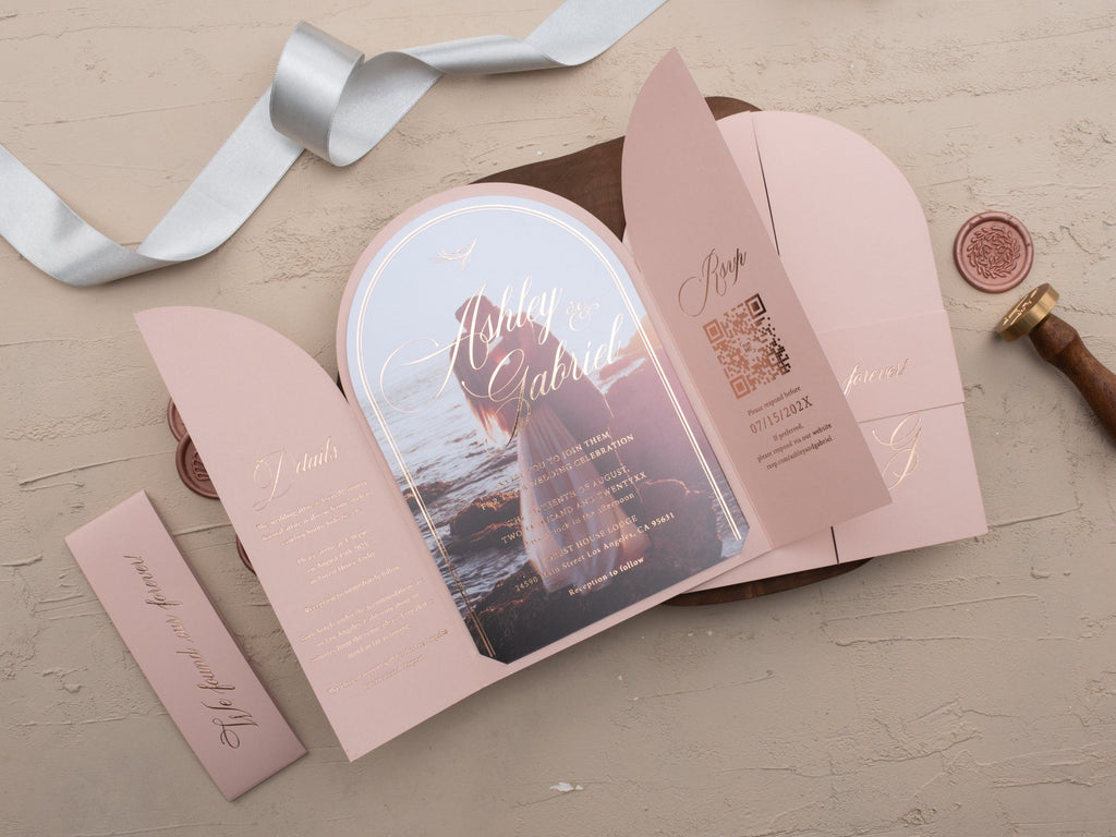 Blush Pink Arch Acrylic Wedding Invitation with Rose Gold Foil