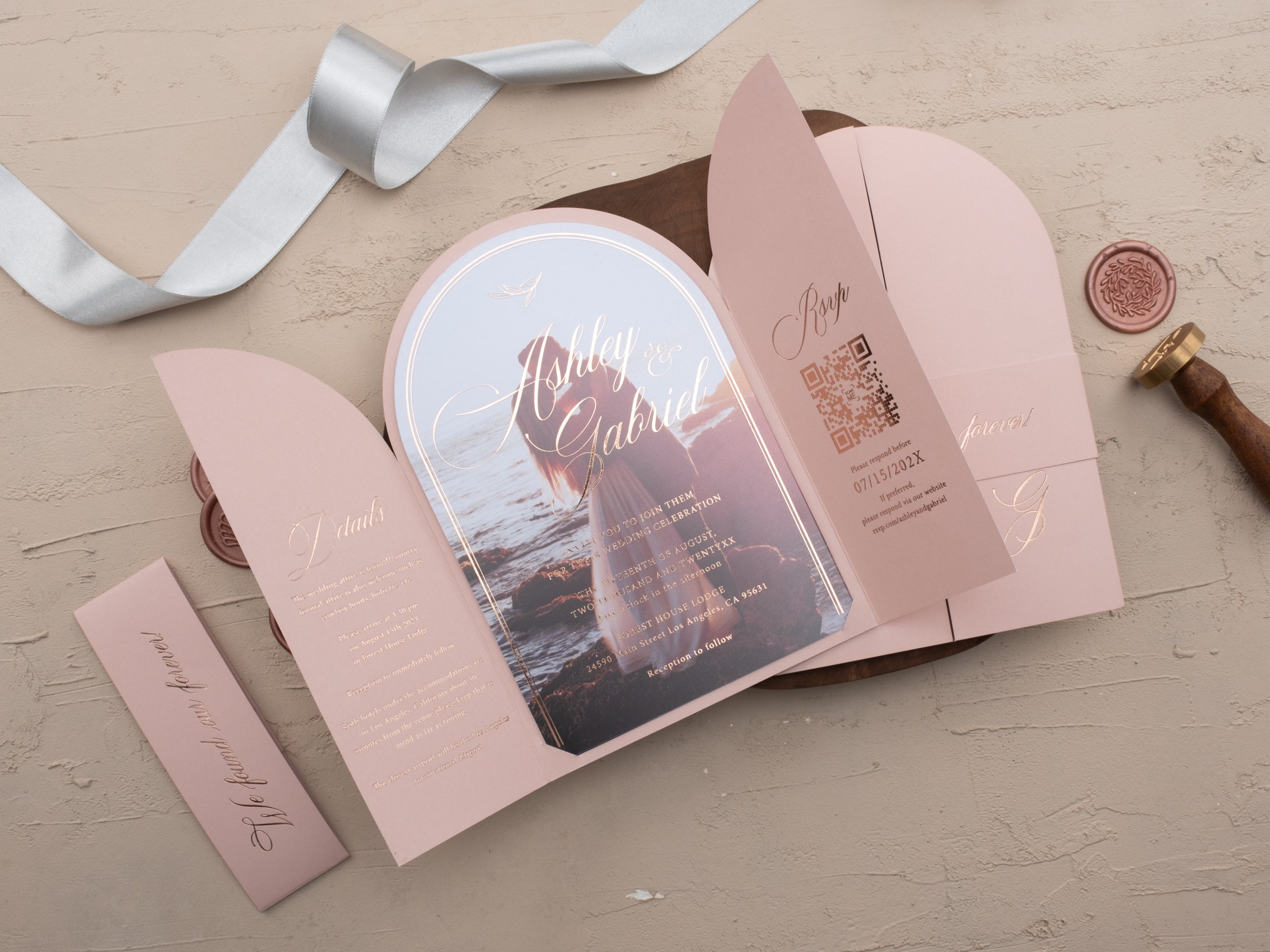 Blush Pink Arch Acrylic Wedding Invitation with Rose Gold Foil