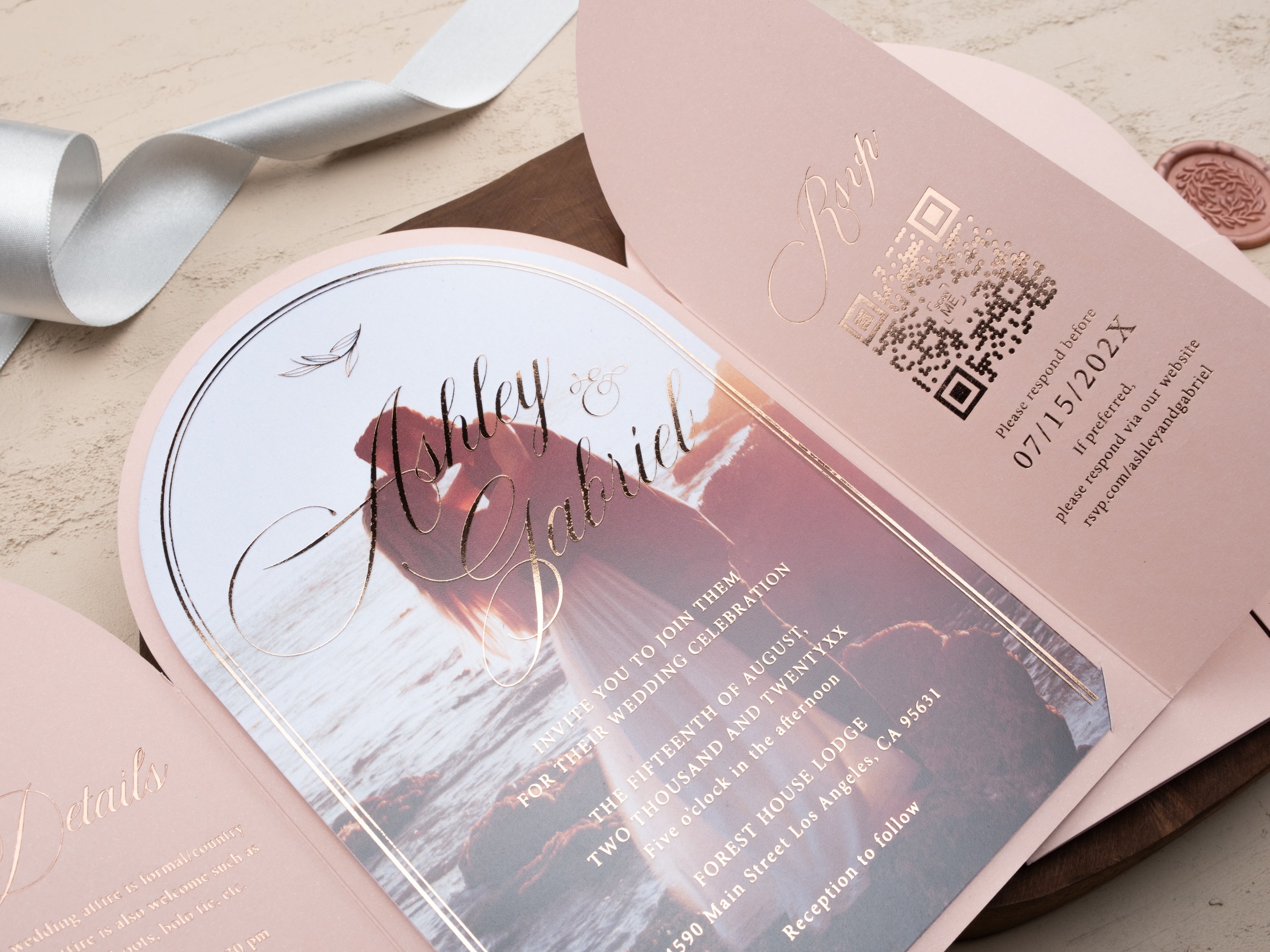Blush Pink Arch Acrylic Wedding Invitation with Rose Gold Foil