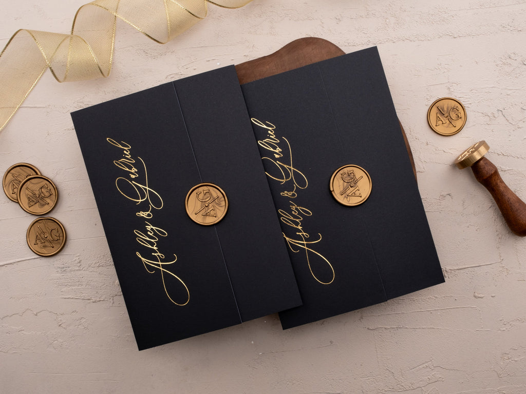 Luxury Black & Gold Wedding Invitation Suite with Wax Seal