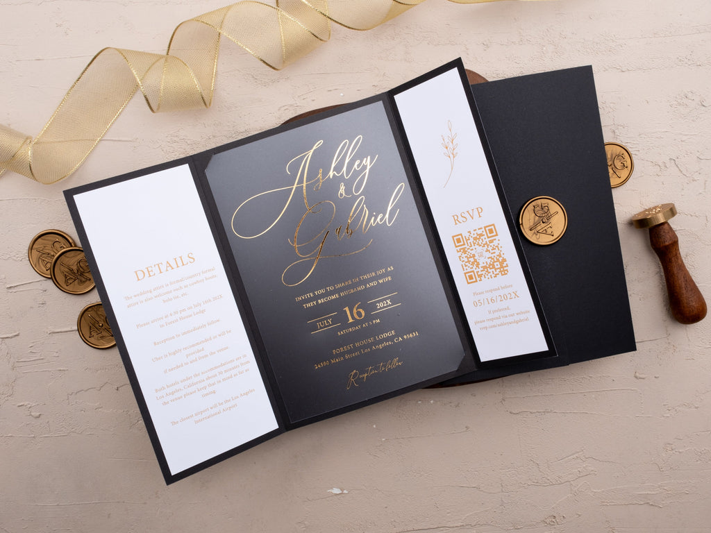 Acrylic Wedding Invitation with Black Jacket & Gold Foil QR RSVP
