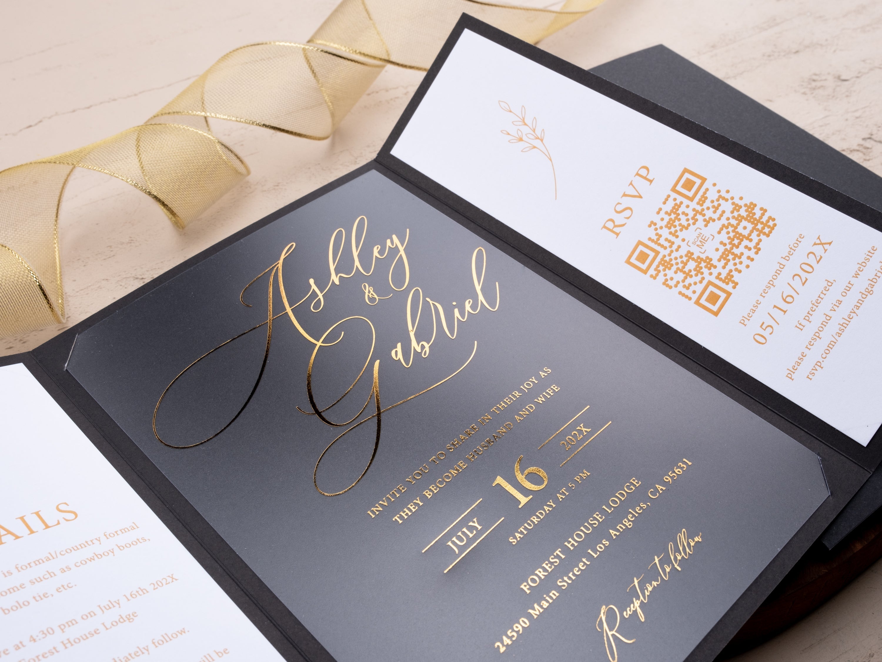 Acrylic Wedding Invitation with Black Jacket & Gold Foil QR RSVP