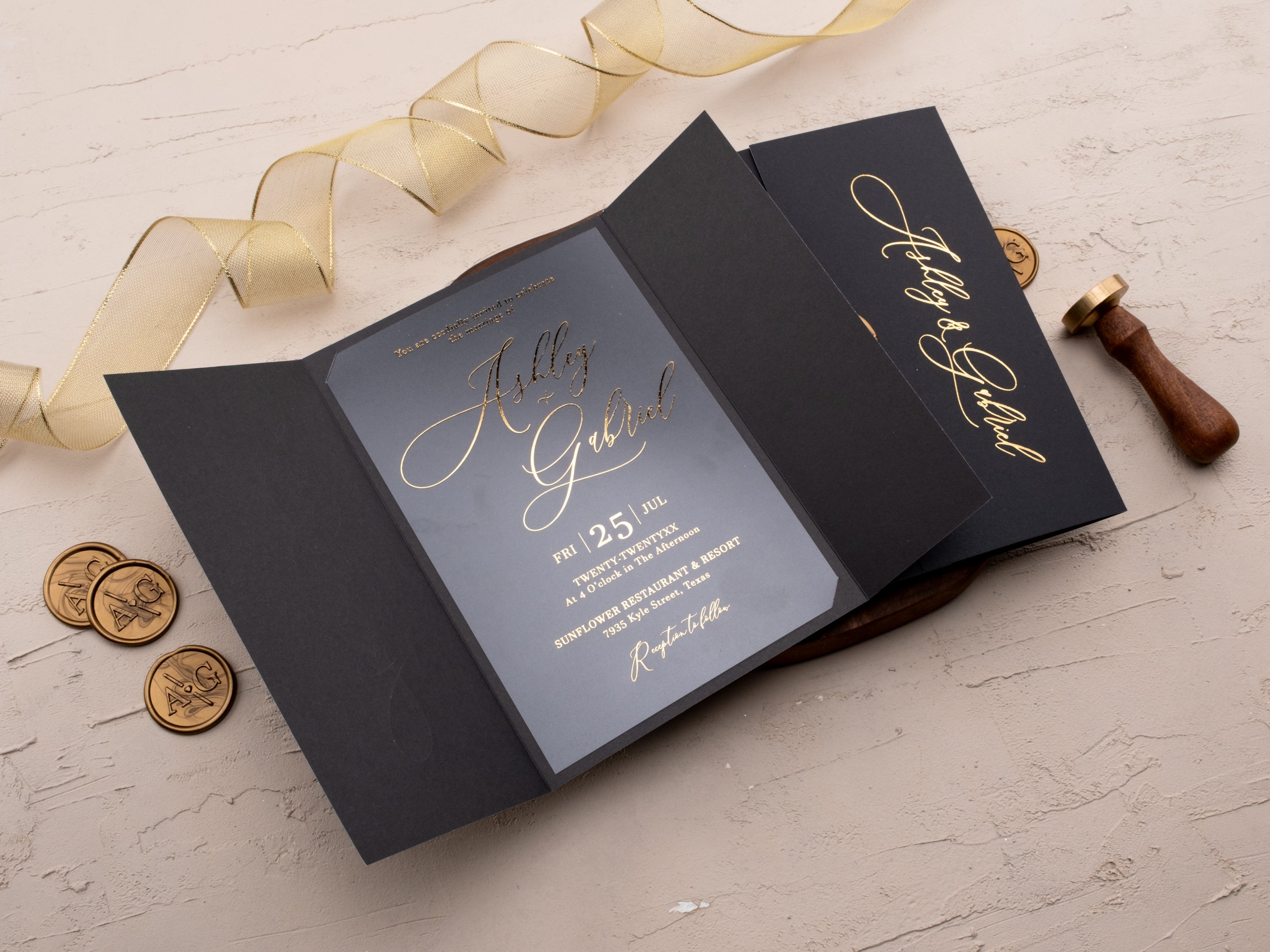 Luxury Black & Gold Wedding Invitation Suite with Wax Seal