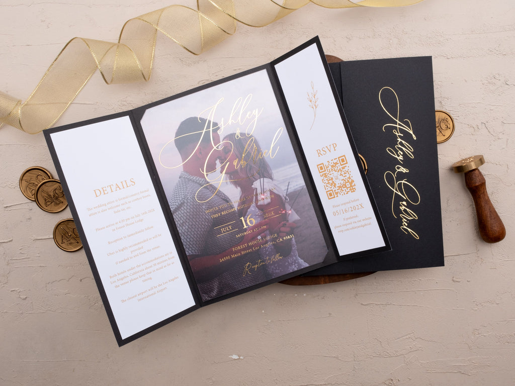 Acrylic Wedding Invitation with Black Jacket & Gold Foil QR RSVP
