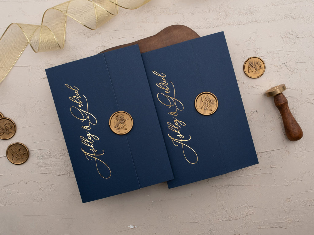 Luxury Navy Blue & Gold Acrylic Wedding Invitation with Wax Seal