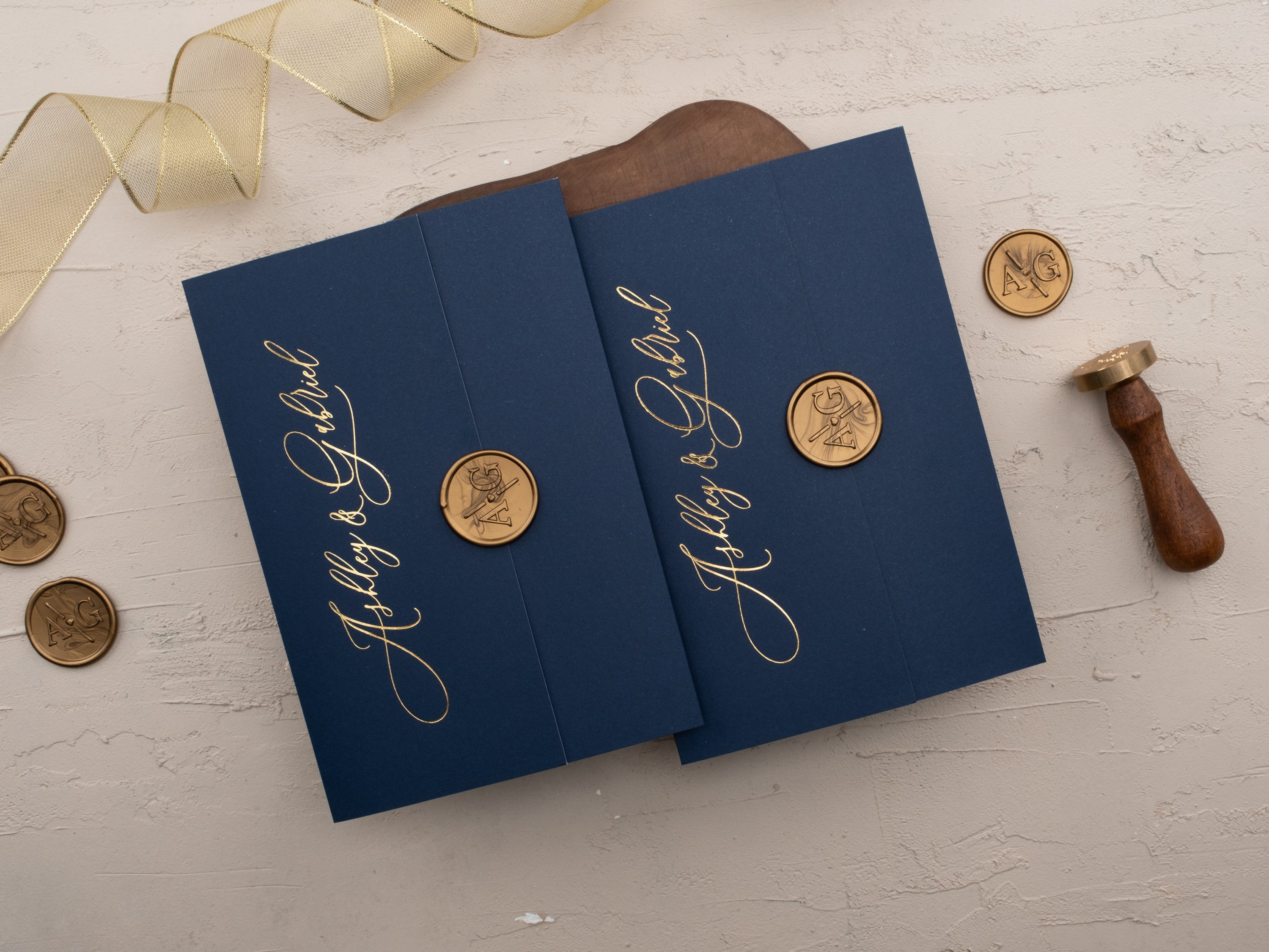Luxury Navy Blue & Gold Acrylic Wedding Invitation with Wax Seal