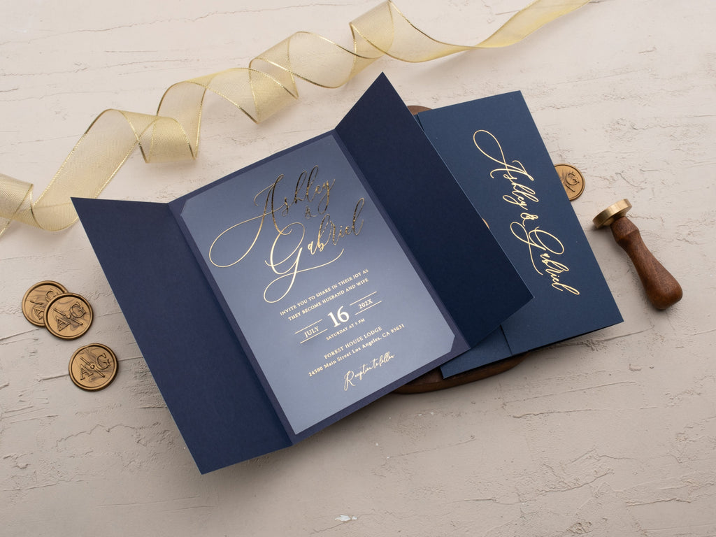 Luxury Navy Blue & Gold Acrylic Wedding Invitation with Wax Seal