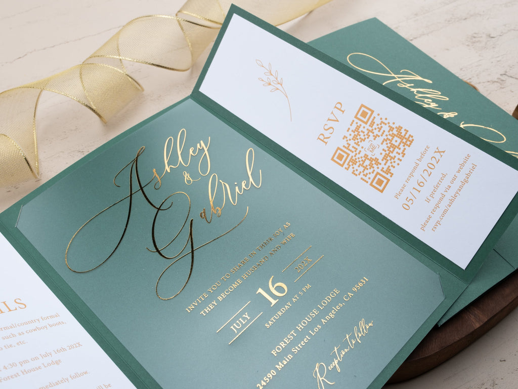 Elegant Green & Gold Foil Wedding Invitation with Wax Seal – Tri-Fold