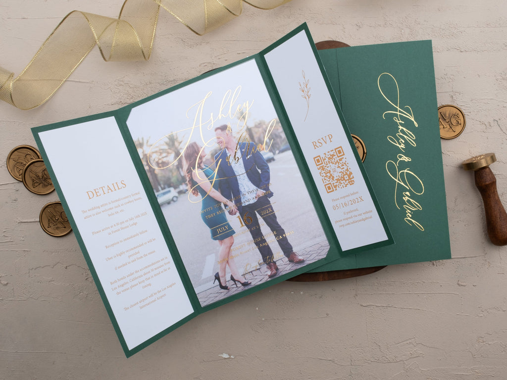 Elegant Green & Gold Foil Wedding Invitation with Wax Seal – Tri-Fold