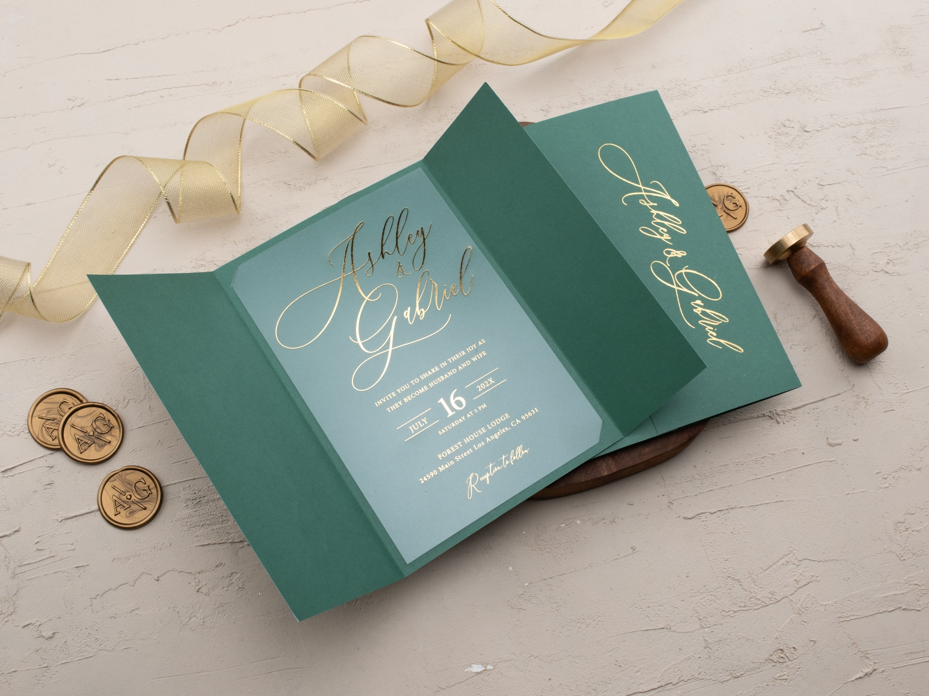 Luxury Emerald Green & Gold Acrylic Wedding Invitation with Wax Seal