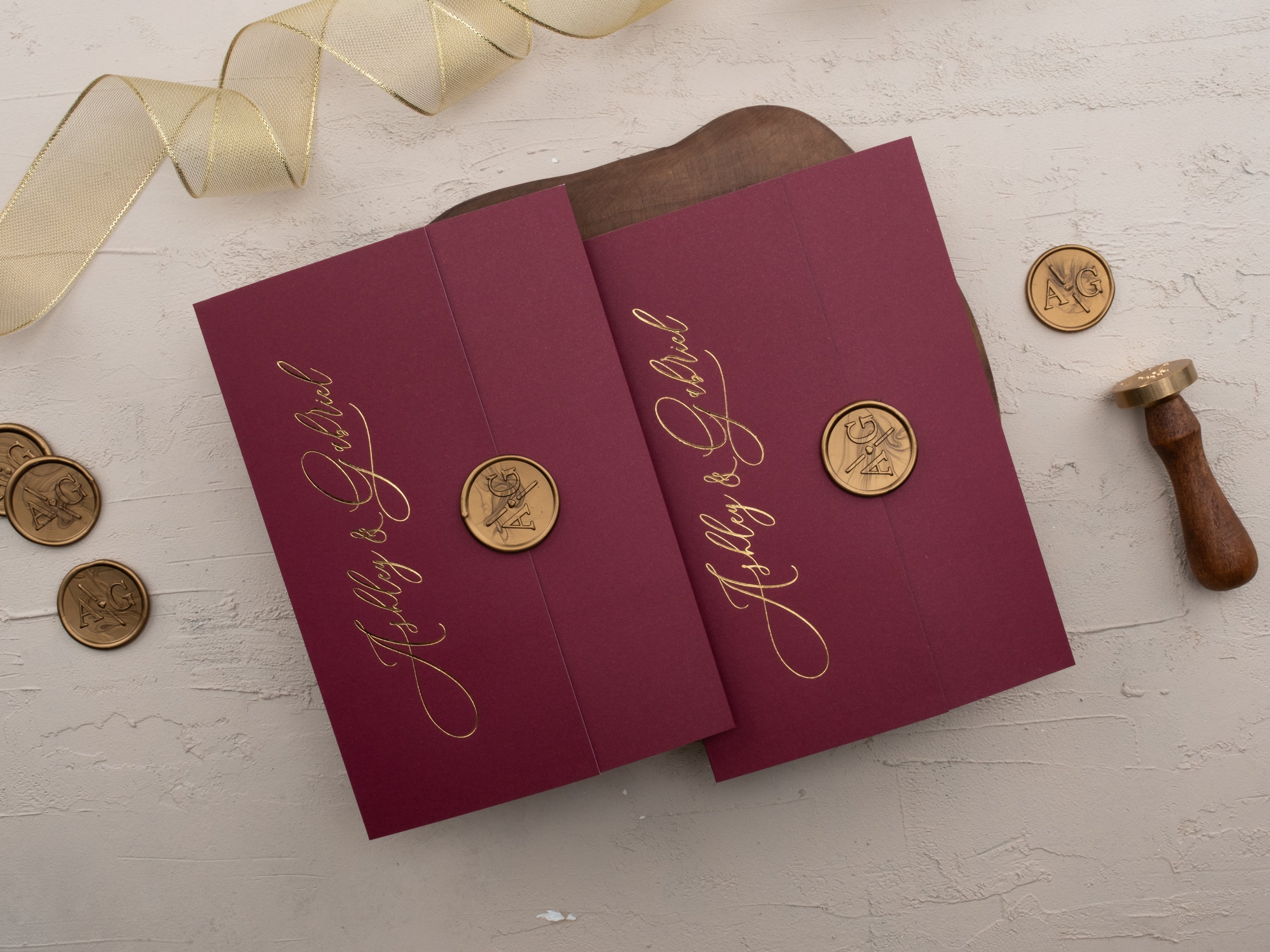 Burgundy Gold Foil Wedding Invitation with Wax Seal & RSVP QR