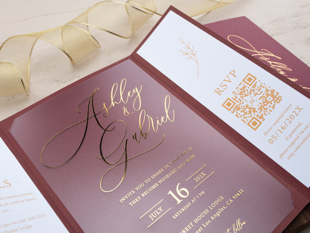 Burgundy Gold Foil Wedding Invitation with Wax Seal & RSVP QR