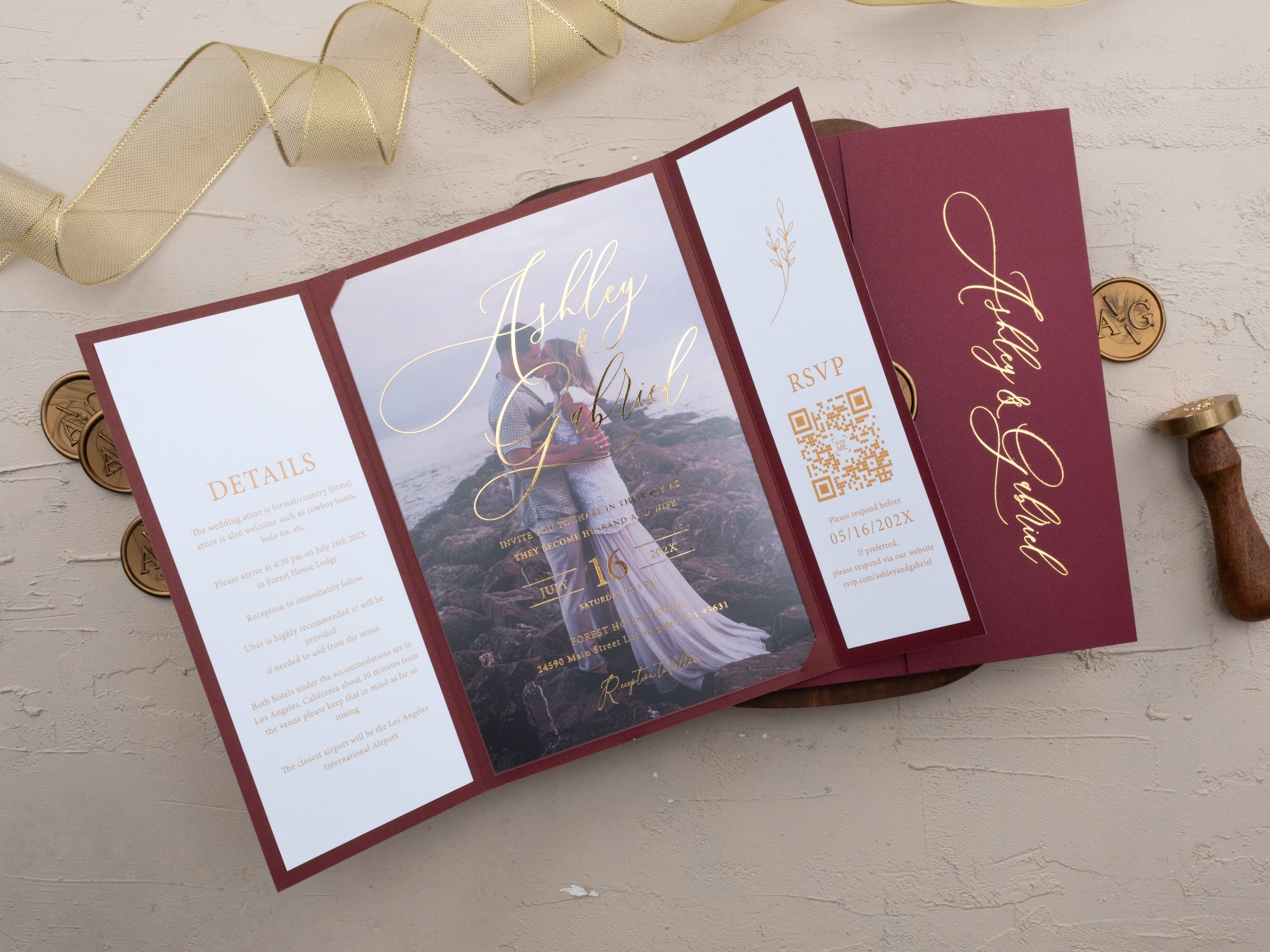 Burgundy Gold Foil Wedding Invitation with Wax Seal & RSVP QR
