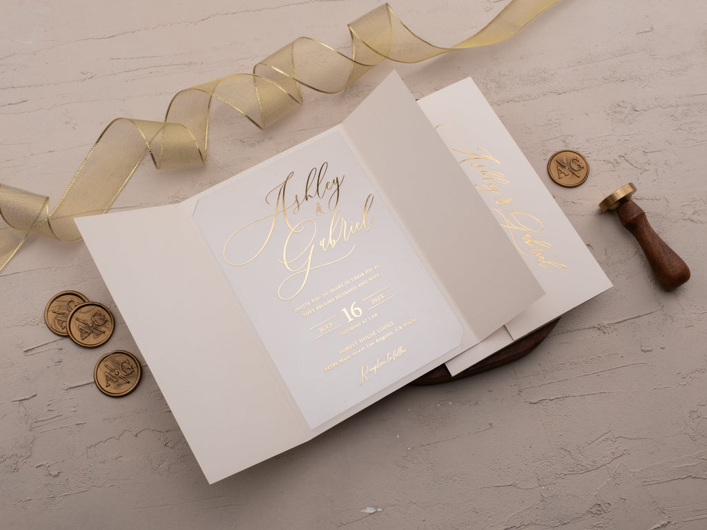 Luxury Ivory & Gold Acrylic Wedding Invitation with Wax Seal