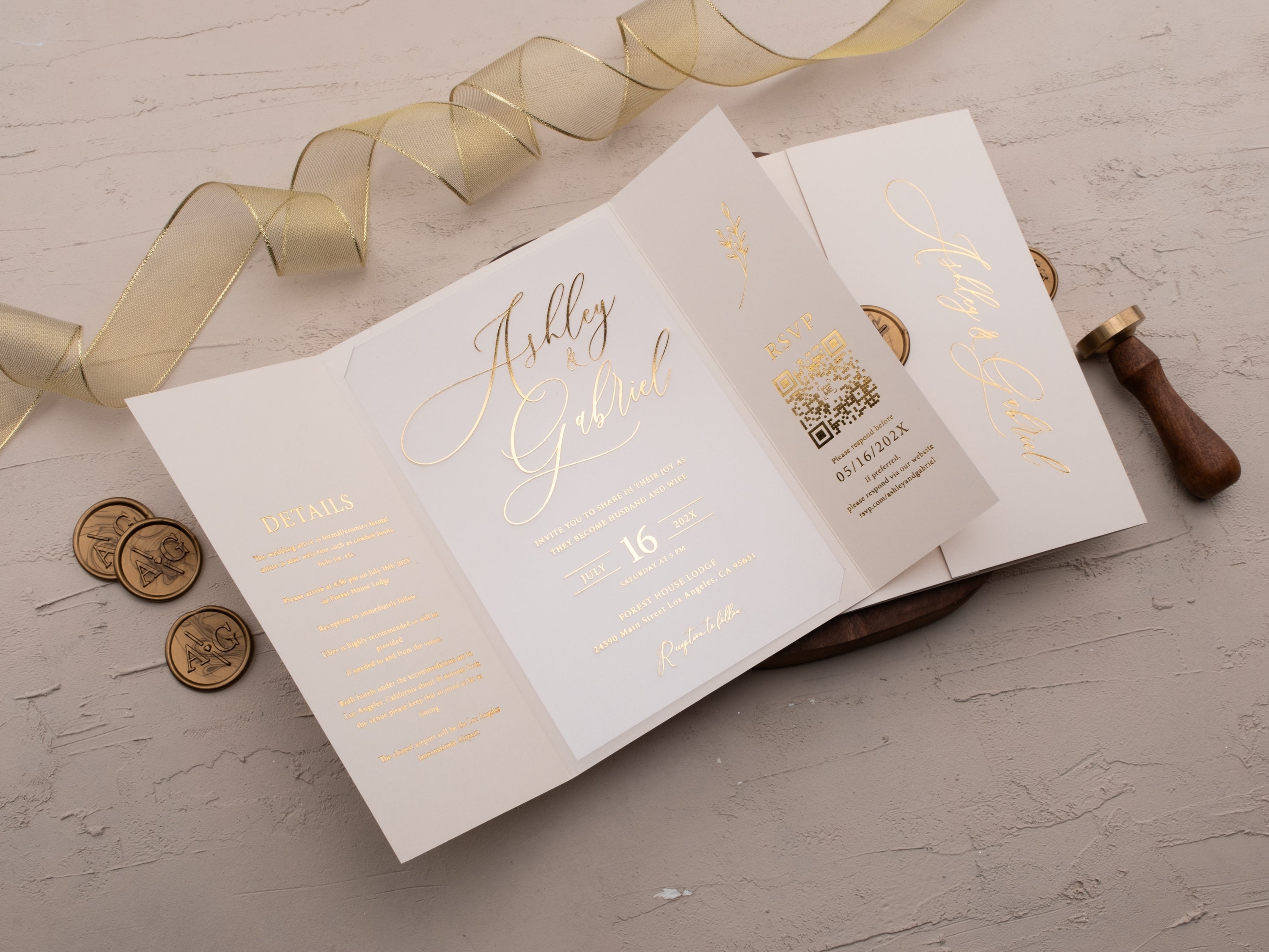 Luxury Ivory & Gold Acrylic Wedding Invitation with Wax Seal