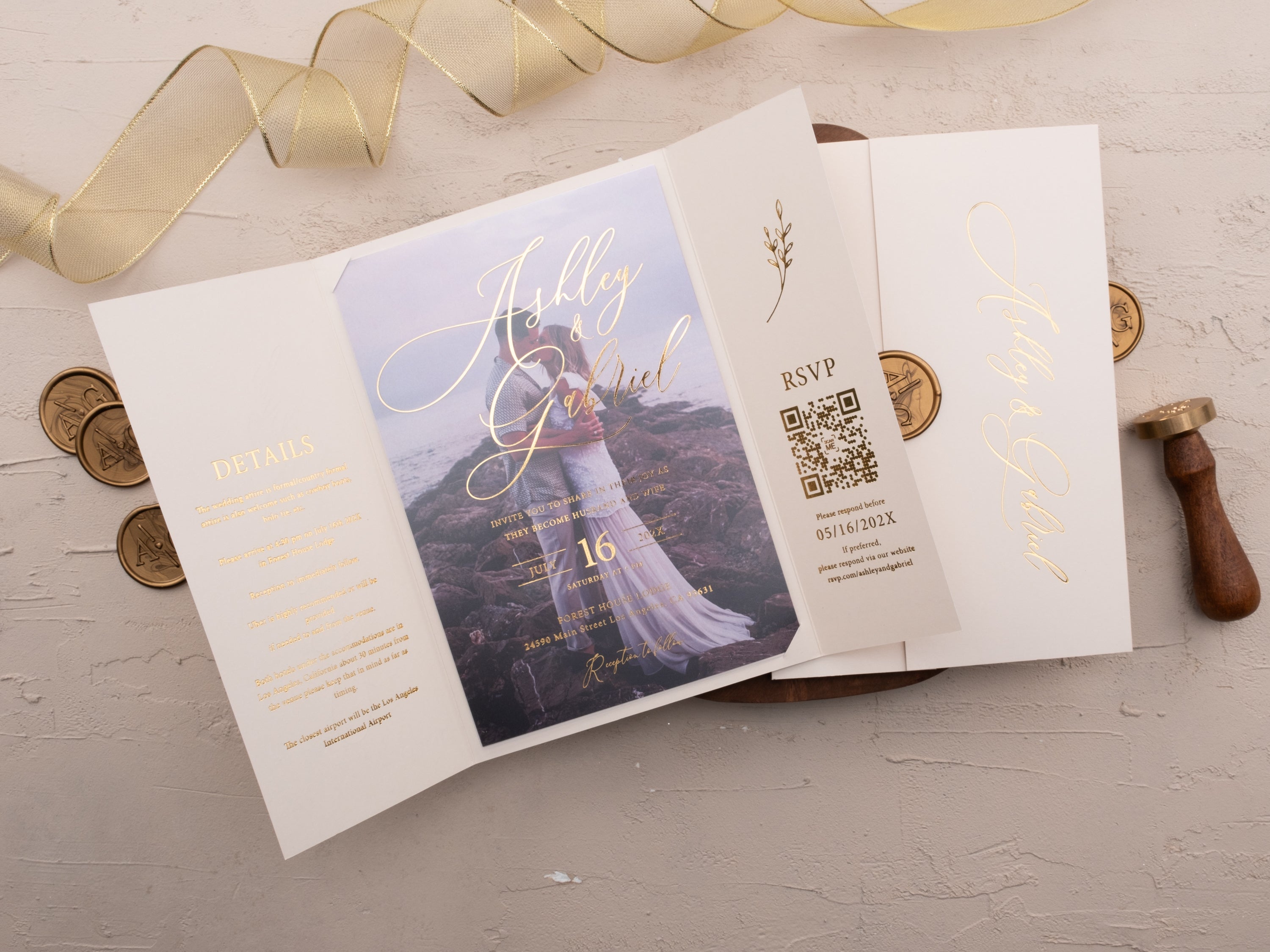 Luxury Ivory & Gold Acrylic Wedding Invitation with Wax Seal