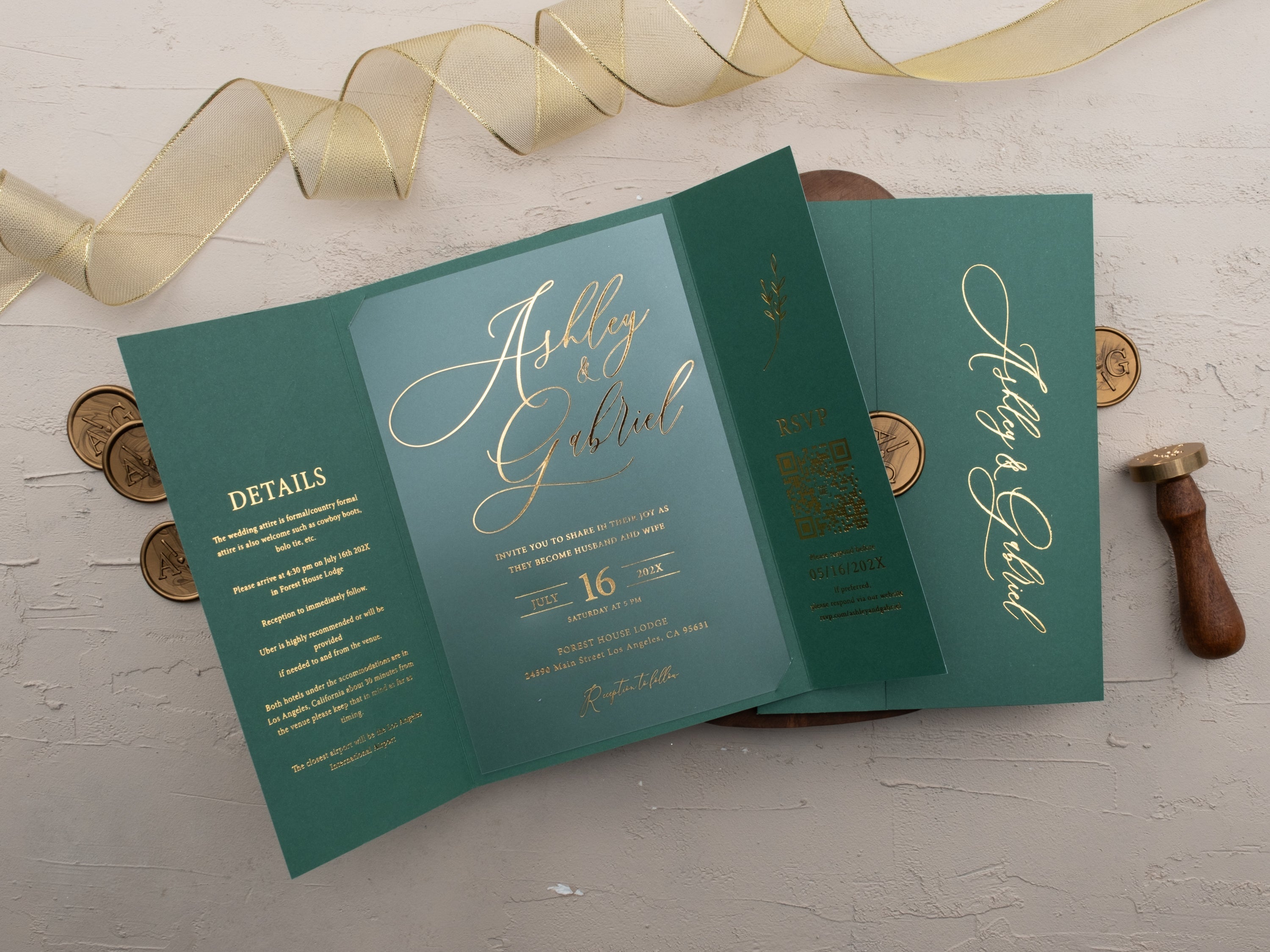Luxury Emerald Green & Gold Acrylic Wedding Invitation with Wax Seal