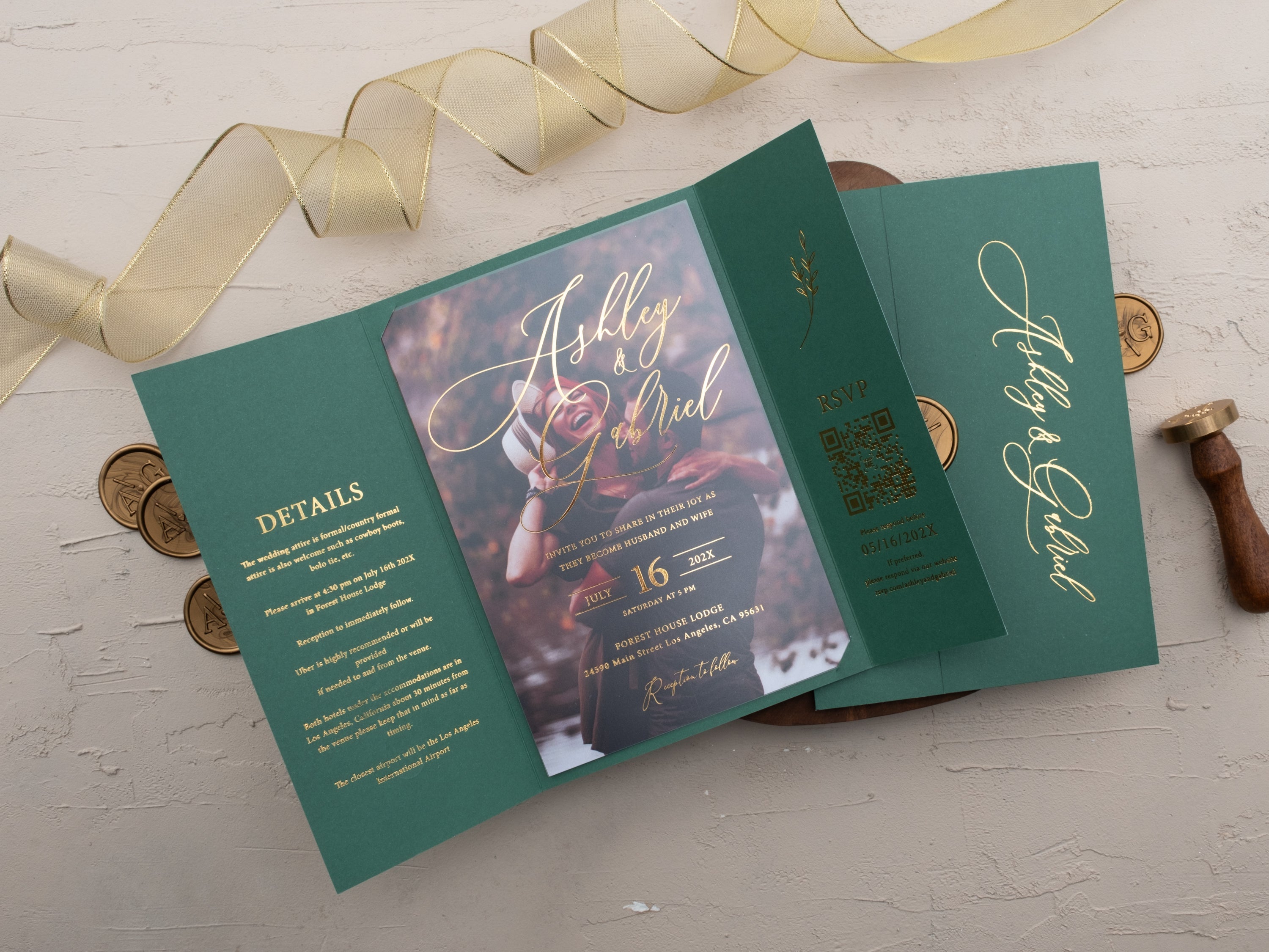 Luxury Emerald Green & Gold Acrylic Wedding Invitation with Wax Seal