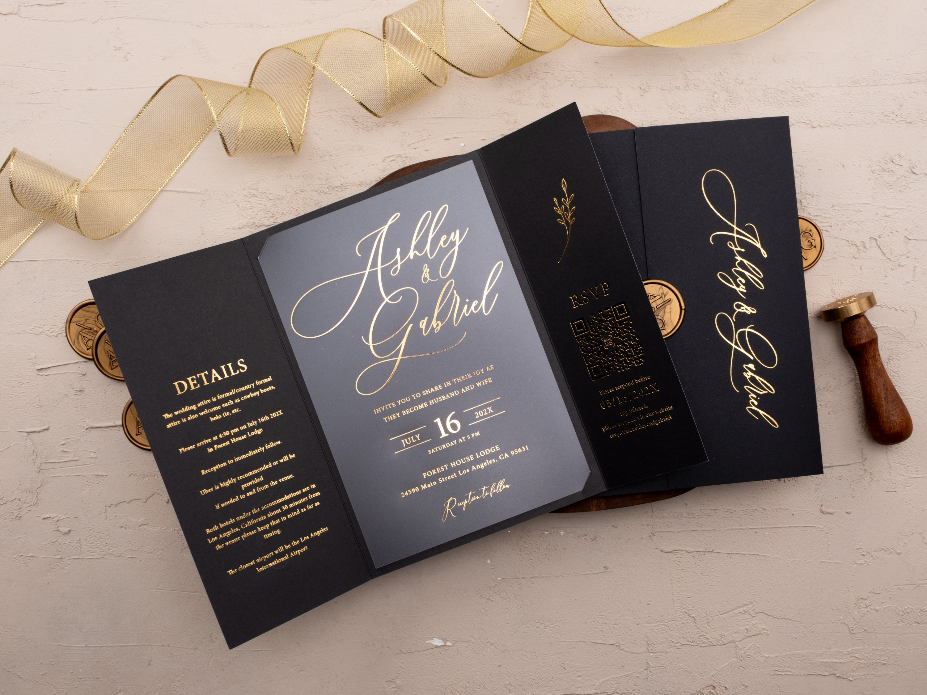 Luxury Black & Gold Wedding Invitation Suite with Wax Seal